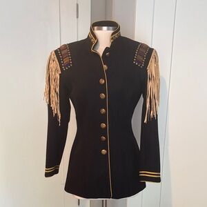 Double D Ranch Black Scout Wool Blazer w/ military detail & Fringe. Like new! Xs
